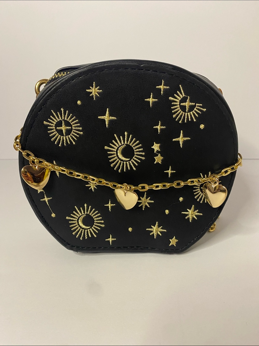 Celestial Embroidered Mini Crossbody Bag in Black and Gold